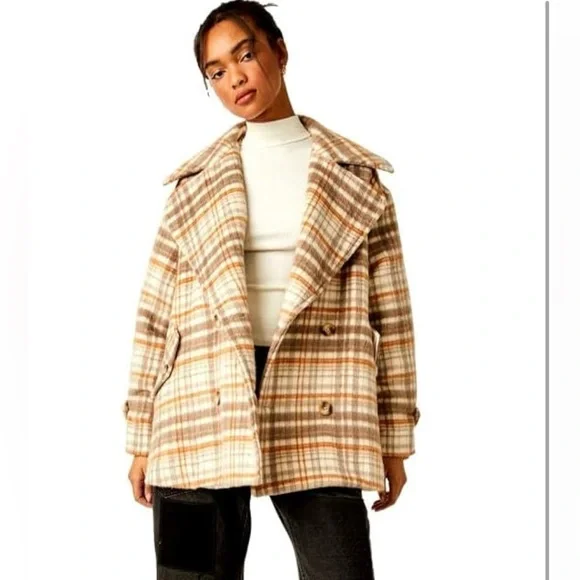 NEW! Free People Women's Highlands Wool Peacoat, in Brown and Cream. Size L